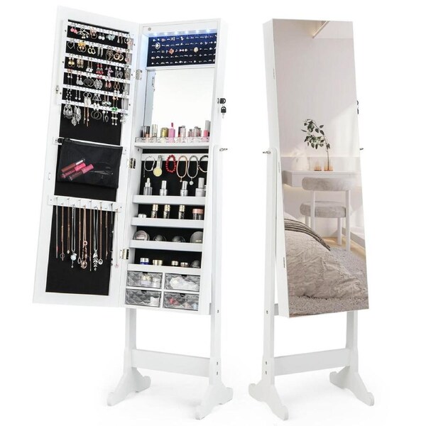 Giantex Mirror Jewellery Cabinet Jewelry Armoire Organiser w/LED Lighted Inner Mirror Makeup Storage Cabinet White