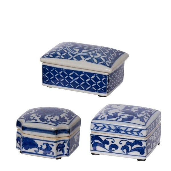 3pc Belle Leith Porcelain Decorative Boxes Container Storage w/ Lid Set Blue