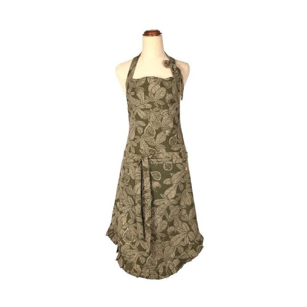 Belle Fig Tree Frill Cotton 95x70cm Apron Kitchen/BBQ/Baking Bib Burnt Olive