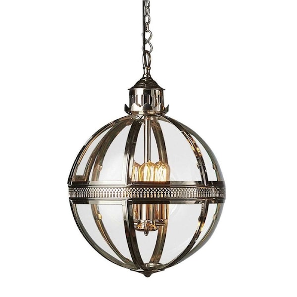 Belle Saxon Brass/Glass Ceiling Pendant Light Medium 61cm Lamp Shiny Nickel