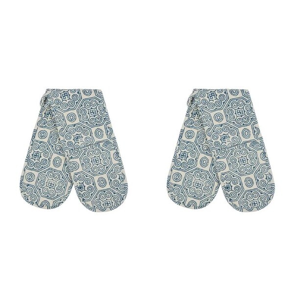 2x Belle Malta Mosaic Double Cotton Oven Glove 90x18cm Kitchen Cooking Mitt Blue