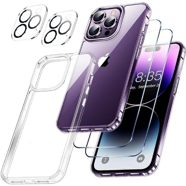 [5 in 1] Shockproof Bumper Phone Cover For iPhone 14 Pro 6.1-Inch, with 2-Pack Screen Protector and 2-Pack Camera Lens Protector
