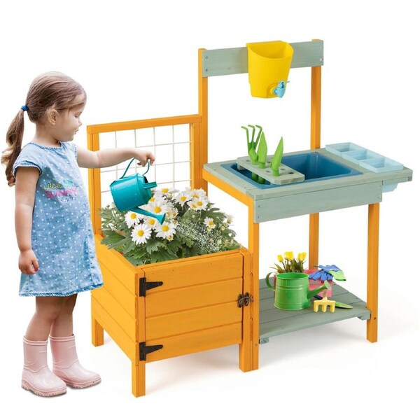 Babyjoy Kids Wooden Potting Bench Toy Gardening Center w/Planter Box Outdoor Mud Playset Children Gift