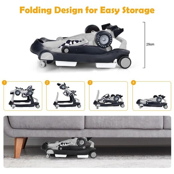 Babyjoy 4-in-1 Baby Walker Folding Activity Car Toddler Push Car Adjustable Height & Speed w/Music Box Grey