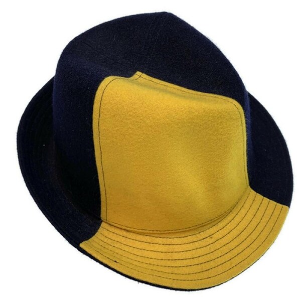 Mens Wool Trilby Hat Warm Winter Fedora Brim - Yellow/Navy Blue Small