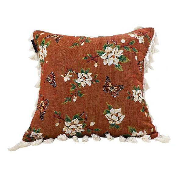 SOGA 45cm French Vintage Butterfly and Flower Tassel with Caramel Color Throw Pillow