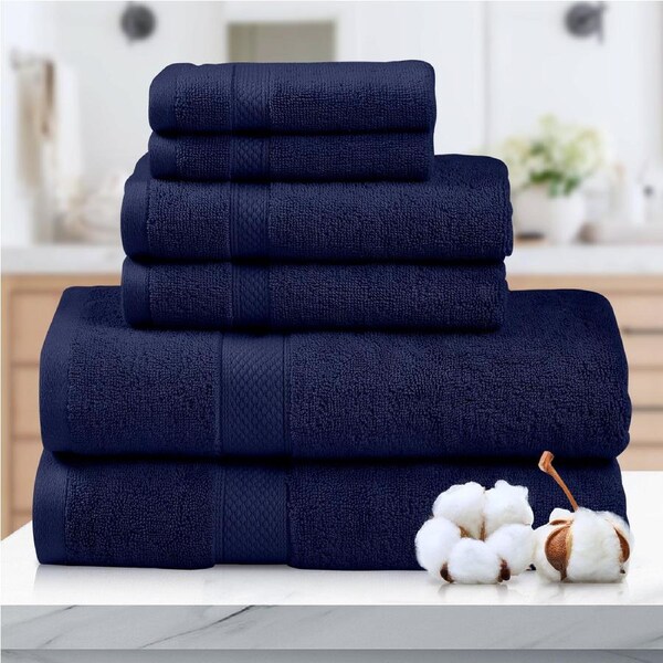 LINENOVA 6 Pieces 650 GSM 100% Cotton Bathroom Towels Sets Bath Towels Hand Towels Face Towels Navy