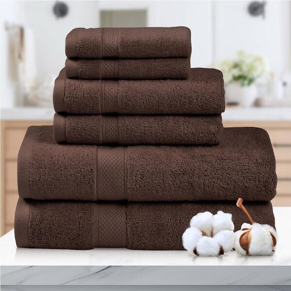 LINENOVA 6 Pieces 650 GSM 100% Cotton Bathroom Towels Sets Bath Towels Hand Towels Face Towels Chocolate Brown