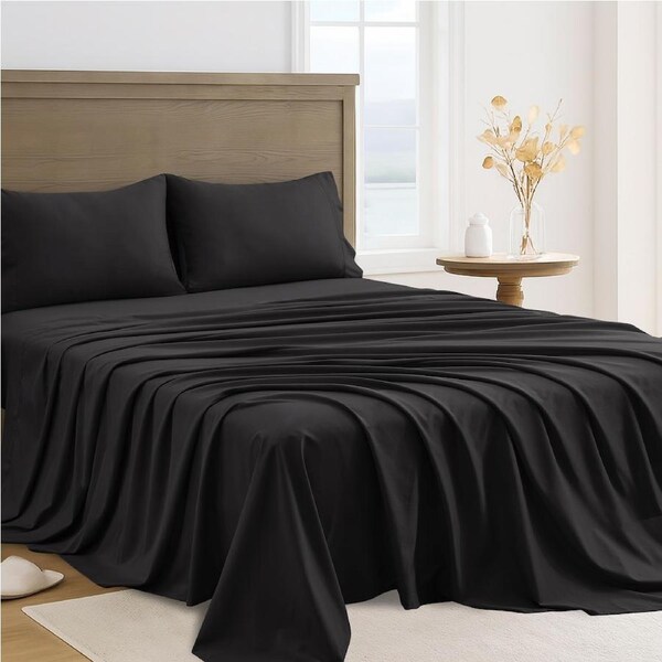 LINENOVA 4Pcs 2000TC Hotel Quality Sheet Sets Flat,Fitted,Pillowcases Bedding Sheets - 10 Colors Double / Black