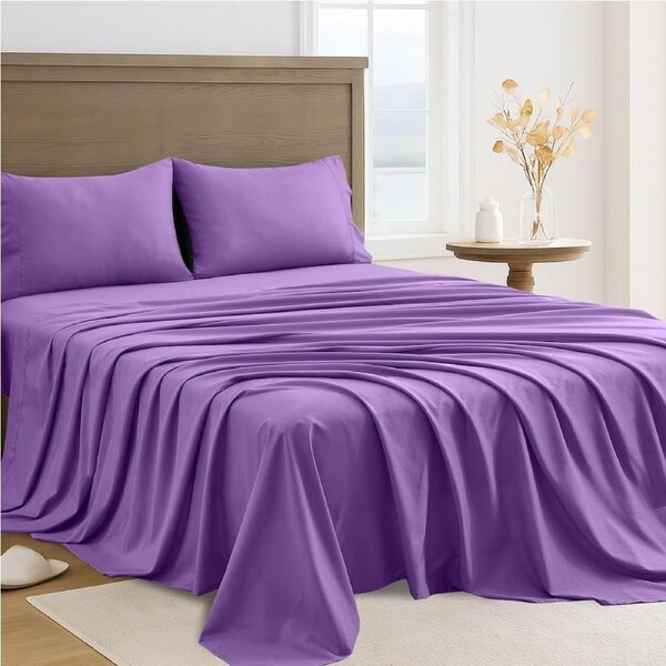 LINENOVA 4Pcs 2000TC Hotel Quality Sheet Sets Flat,Fitted,Pillowcases Bedding Sheets - 10 Colors Double / Purple