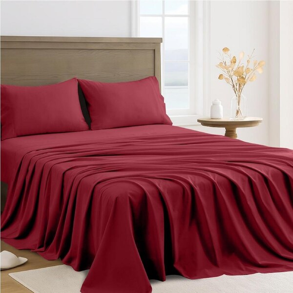 LINENOVA 4Pcs 2000TC Hotel Quality Sheet Sets Flat,Fitted,Pillowcases Bedding Sheets - 10 Colors Queen / Burgundy