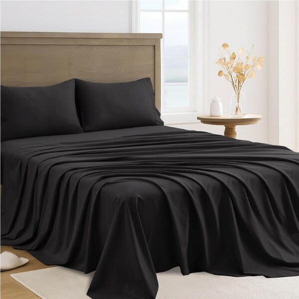 LINENOVA 4Pcs 2000TC Hotel Quality Sheet Sets Flat,Fitted,Pillowcases Bedding Sheets - 10 Colors Queen / Black