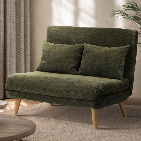 Oikiture Sofa Bed Lounge Chair Corduroy Recliner Wood Leg 2 Seater Green