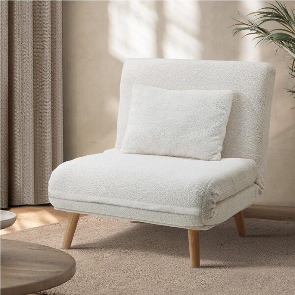 Oikiture Sofa Bed Lounge Chair Sherpa Fabric Recliner Wood Leg Single Seat White