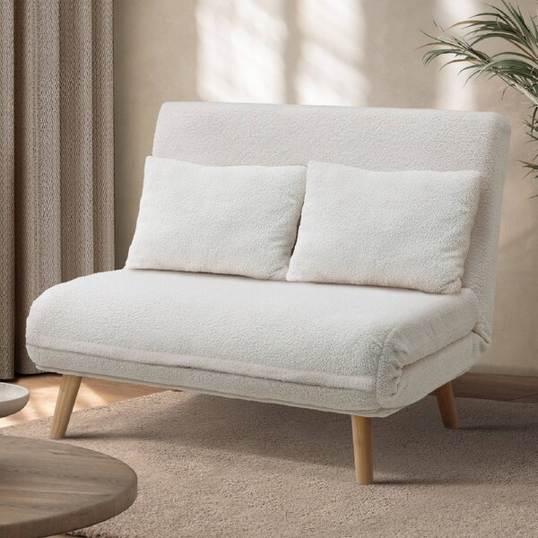 Oikiture Sofa Bed Lounge Chair Sherpa Fabric Recliner Wood Leg Double Seat White