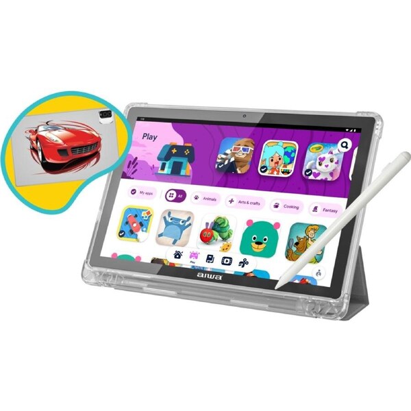 AIWA 10.1'' WiFi Tablet with Stylus Pen & Foldable Case - Silver Car