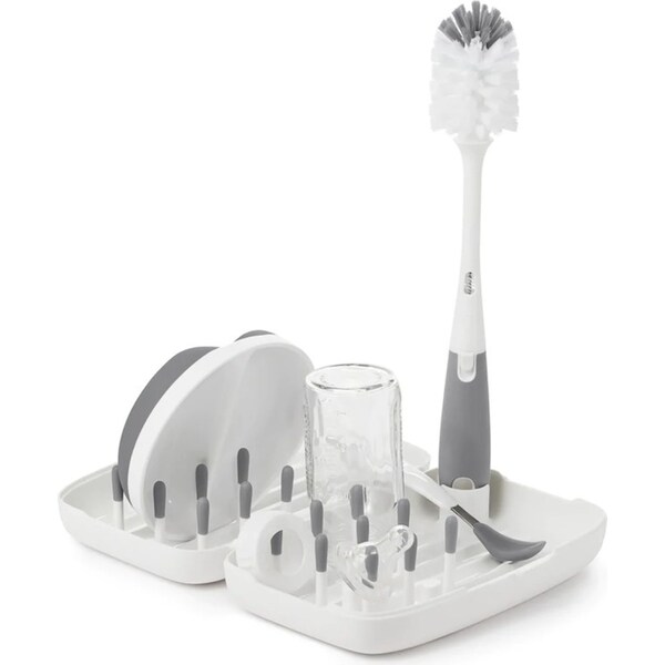 OXO Tot On the Go Drying Rack & Bottle Brush Set Grey Bottles Feeding Cups