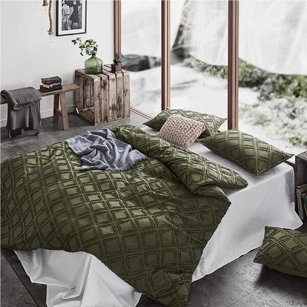 CleverPolly Tufted Quilt Cover Set Khaki Green Queen