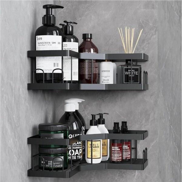 Shower Caddy, 2 Pack Bathroom Shelves, Adhesive Shower Shelf No Drilling, Black Shower Storage, Shower Organiser, Rust-Resistant Shower Caddy Corner, Shower Soap Holder, Bathroom Accessory