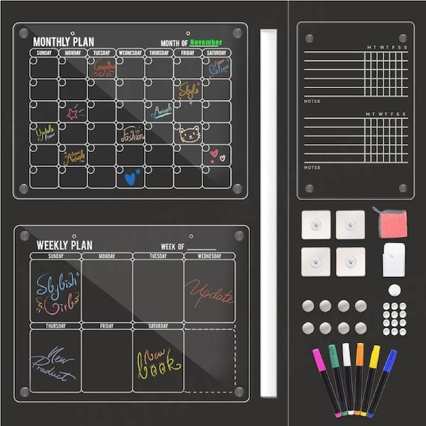 3pcs Acrylic Magnetic Fridge Calendar, Monthly and Weekly Meal Fridge Planner, Wall Calendar, Clear Dry Erase Board for Refrigerator, w/Dry Erase Markrs, Wall Hook and Silicone Cover