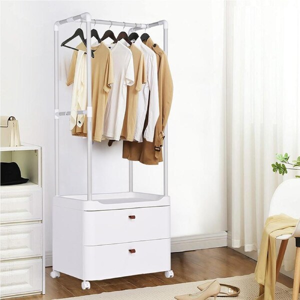 Furb Clothes Rack 3-In-1 Coat Rack Storage Stand Rolling Storage Cart White