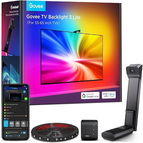 Govee TV Backlight 3 Lite with Fish-Eye Correction Function Sync to 55-65 Inch TVs, 3.6M RGBICW Wi-Fi TV LED Backlight with Camera, 4 Colors in 1 Lamp Bead, Voice and APP Control, Adapter