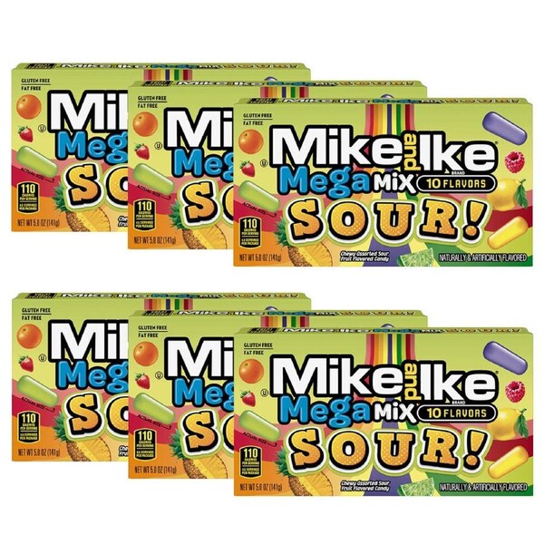 6x Mike & Ike Mega Mix Chewy Sour Candy Confectionery Lollies Sweets Box 120g
