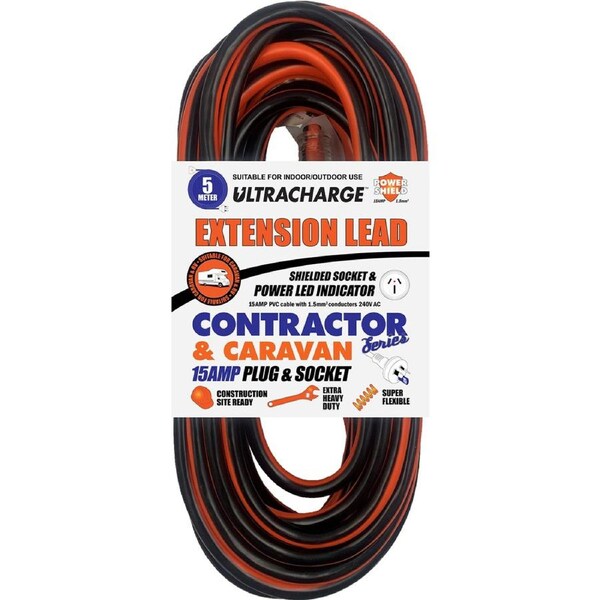 Ultracharge Contractor/Caravans Suitability Extension Lead Cord 5m 15A