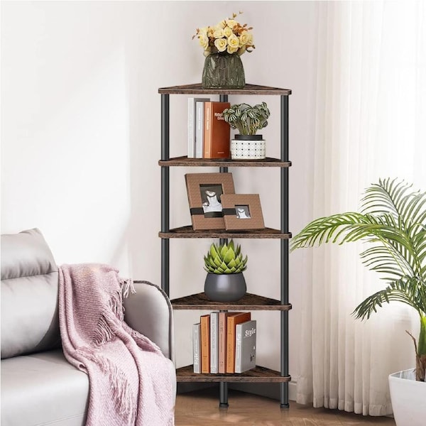 DelSol 5-Tier Corner Shelf with Metal Frame,Corner Shelf Stand Display Plant Flower, Corner Bookcase for Small Spaces, Bedroom, Living Room