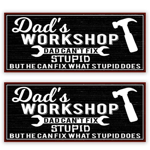 2x Dad's Workshop Hanging Iron Sign Rectangle 31x13cm Wall Mounted Garage Decor
