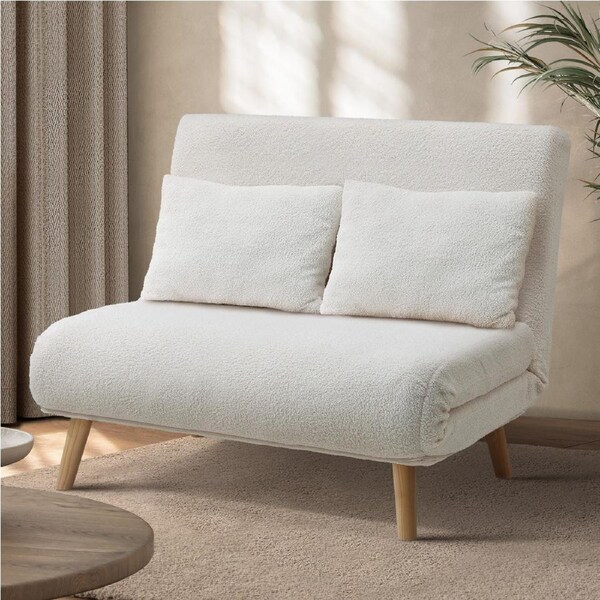 Oikiture Sofa Bed Lounge Chair Sherpa Fabric Recliner Wood Leg Double Seat White