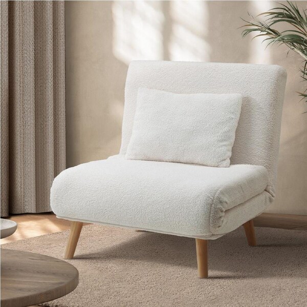 Oikiture Sofa Bed Lounge Chair Sherpa Fabric Recliner Wood Leg Single Seat White