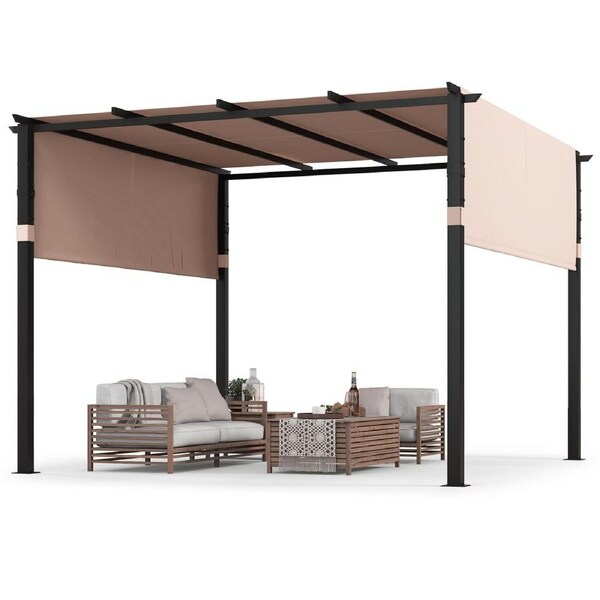 Costway 3x3M Flat Top Outdoor Pergola w/ Retractable Sunshade Canopy Patio Garden Deck Beige