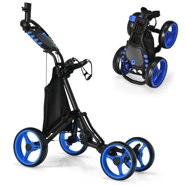 Costway 4 Wheels Golf Push Trolley Foldable Golf Buggy Cart w/Umbrella Holder Blue
