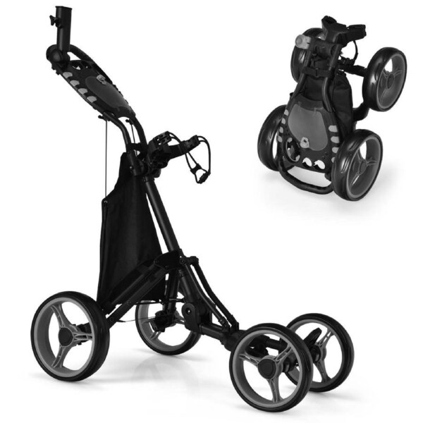 Costway 4 Wheels Golf Push Trolley Foldable Golf Buggy Cart w/Umbrella Holder Grey