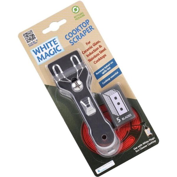 White Magic Cooktop Scraper, ideal for ceramic glass, induction & stainless steel cooktops, retractable razor for safe storage, 5 replacement blades, Steel