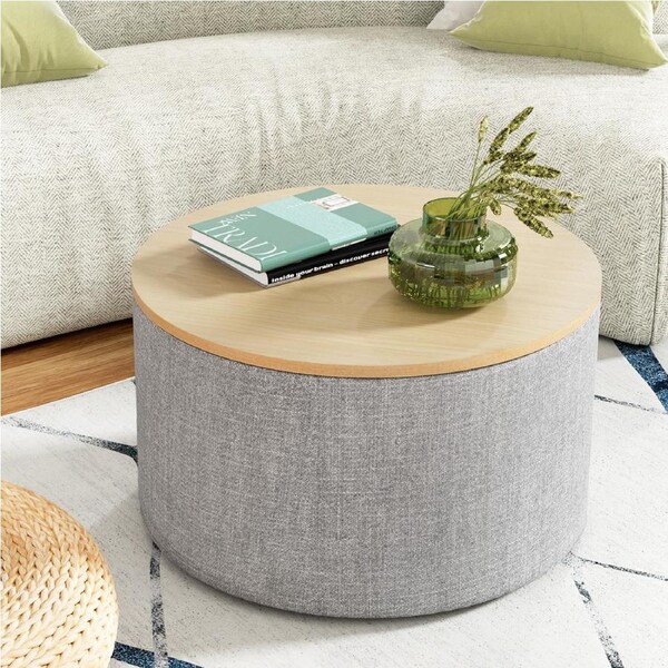 60cm Artiss Storage Ottoman Blanket Box Linen Round Grey