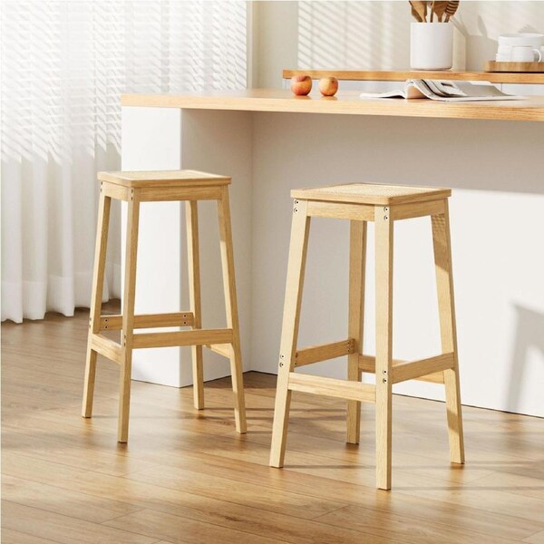 Artiss 2x Bar Stools Rubber Wood Stool Counter Chair Rattan Barstools Kitchen