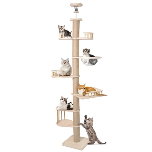Advwin Floor to Ceiling Cat Tree Tall Cat Tower, Adjustable Height (230-275cm), 6 Tiers Cat Scratching Post Natural Sisal Rope Cat Tree Cat Modern Activity Tree for Indoor Cats