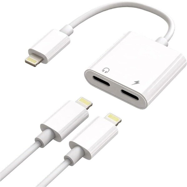 2 in 1 Lightning to Dula Lightning AUX Audio + Charger Splitter Dongle Adapter Compatible with iPhone - White