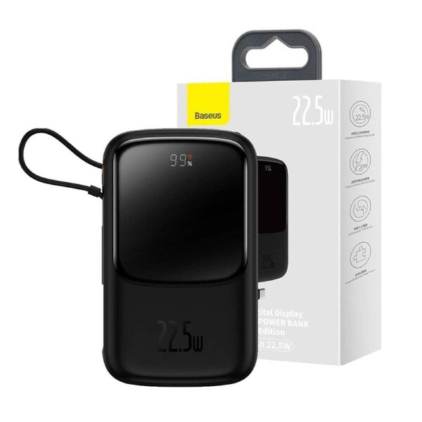 Baseus Qpow Digital Display Power Bank 10000mAh 22.5W Built-in Type-C Cable - Black
