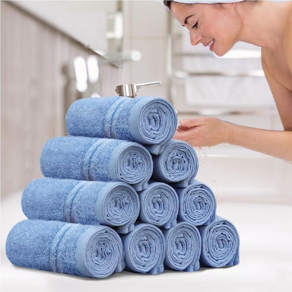 LINENOVA 100% Cotton Face Towels Washers Set(10 Pack) - Blue