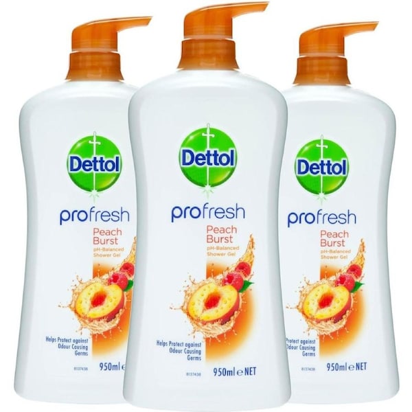 950ml x 3 Pack Dettol Profresh Shower Gel Body Wash Peach Burst
