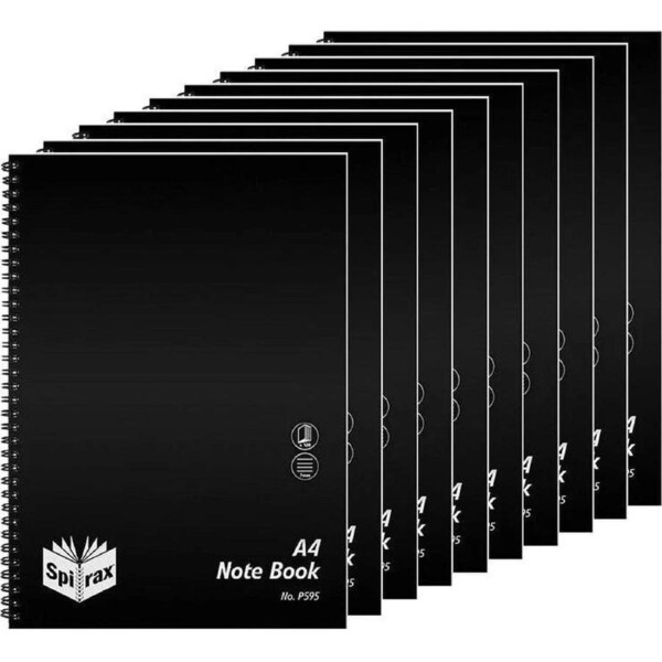 Spirax P595 Notebook 7mm Ruled Polypropylene Cover Spiral 120 Page A4 Black 10 Pack
