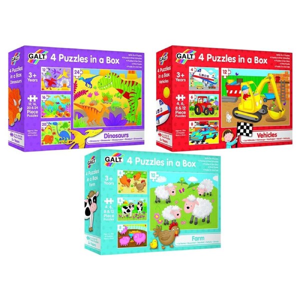 Galt 4 Puzzles In A Box Farm/Vehicles/Dinosaurs Kids/Childrens Toy 3y+