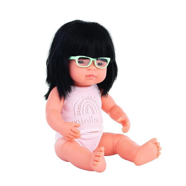 Miniland Baby Doll Asian Girl w/Glasses 38cm Lifelike Kids Pretend Play Toy 10m+