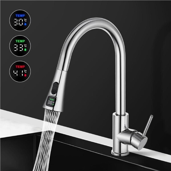 ACA Pull Out Kitchen Mixer Tap Swivel Digital Display Spout Faucet 2 Patterns Chrome
