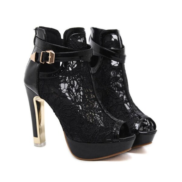 Nevenka Womens Pretty Lace Flowers Open Toes High Heels Ankle Boots-Black 35