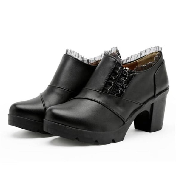 Nevenka Women Casual Zipper Lace Platform Mid-Heel Oxfords Shoes-Black 38