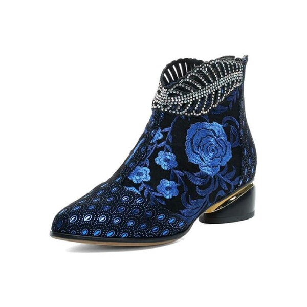 Nevenka Womens Ankle Boots Chunky Heel Embroidered Flowers Rhinestone Leather Boots-Blue 35